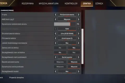 Ustawienia grafiki w Apex Legends: V-sync, AMD Anti-Lag 2, TSAA, Ultra (8 GB VRAM). Sprawdź wymagania gry.