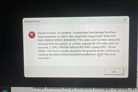 Okno błędu DirectX z komunikatem o problemie z kartą graficzną NVIDIA GeForce RTX 4060.