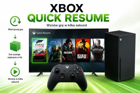 Konsola Xbox Series X, kontroler i ekran z grami Forza Horizon 5, Halo Infinite, Gears 5, Red Dead Redemption 2, The Witcher 3.
