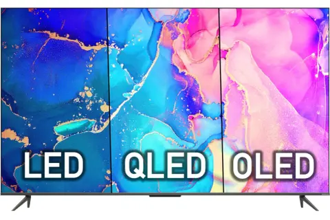 Trzy panele telewizora z abstrakcyjnym wzorem w kolorach niebieskim, turkusowym i różowym, z napisami LED, QLED, OLED.