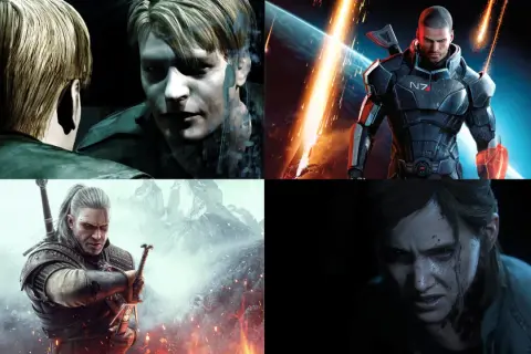 Cztery postacie z gier: James Sunderland, Commander Shepard, Geralt z Rivii i Ellie.