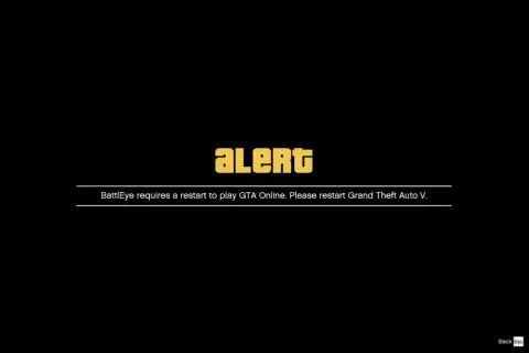 Komunikat "ALERT" z tekstem o konieczności restartu GTA Online przez BattlEye.
