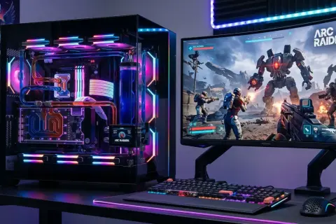 Komputer z podświetleniem RGB i monitor wyświetlający grę ARC Raiders.