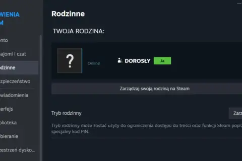 Ustawienia Steam: Rodzinne. Widok panelu zarządzania rodziną na Steam, gdzie można skonfigurować tryb rodzinny.