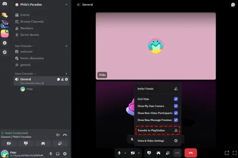 Discord na PS5: opcja "Transfer to PlayStation" widoczna w menu.