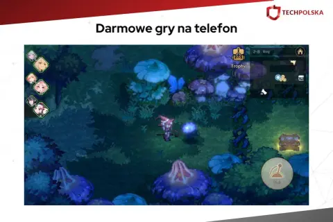 Magiczna kraina pełna grzybów, gdzie postać z różdżką zbiera przedmioty. Idealne gry do pobrania na telefon dla fanów przygód.