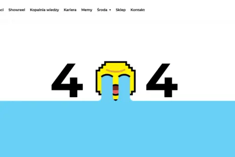 Grafika przedstawia cyfry 404 z emotikoną płaczącą ze śmiechu, na tle białym i niebieskim.