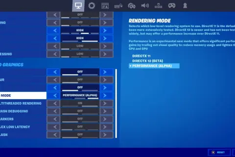 Ustawienia graficzne Fortnite na PC: tryb renderowania DirectX 12 (Beta) Performance (Alpha) dla lepszej wydajności.