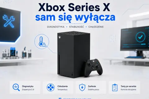 Xbox Series X z kontrolerem, ikony diagnostyki, chłodzenia i zasilania.