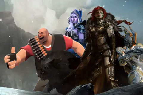Postacie z gier, w tym Heavy z TF2, elfka i wojowniczka, na tle zimowego krajobrazu. Idealne na fajne gry na Steam!