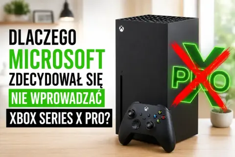 Czarna konsola Xbox Series X i kontroler na drewnianym stole, z napisem "PRO" przekreślonym na czerwono.