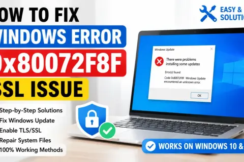 Laptop z błędem aktualizacji Windows 0x80072F8F i tekstem "Jak naprawić problemy z aktualizacją Windows?".
