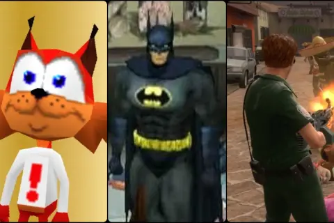 Trzy postacie z gier: rudy kot, Batman i żołnierz strzelający z karabinu.