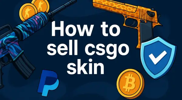 Jak sprzedać skiny CS2? Grafika przedstawia broń z gry, monety, logo PayPal i Bitcoin, symbolizujące bezpieczne transakcje.