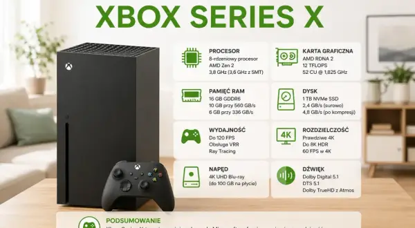 Xbox Series X z kontrolerem, specyfikacja konsoli: procesor, RAM, grafika, dysk SSD, wydajność 120 FPS, rozdzielczość 4K/8K. xsx.