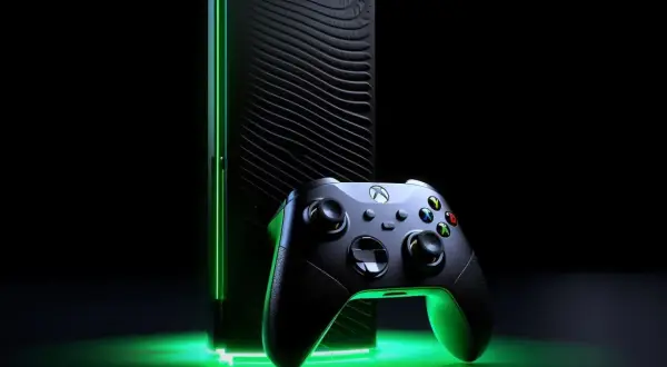 Nowa konsola Xbox next gen z kontrolerem, otoczona zielonym blaskiem. Gotowy na przyszłość gier?