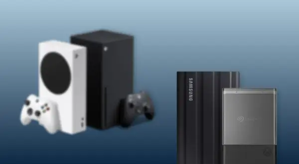 Porównanie konsol Xbox Series S i X z dyskami zewnętrznymi Samsung i Seagate.
