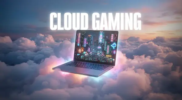 Laptop unoszący się na chmurach z neonowym miastem na ekranie. Napis "CLOUD GAMING".