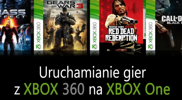 Okładki gier na Xbox 360, m.in. Gears of War 3 i Red Dead Redemption, na tle tekstu "Uruchamianie gier z XBOX 360 na XBOX One".