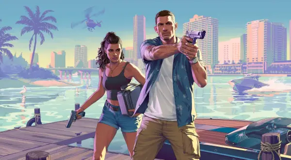 Para z bronią na molo, w tle miasto i policyjna łódź. Wygląda jak scena z GTA 6 PC.