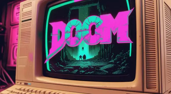 Stare gry komputerowe na ekranie starego monitora. Neonowy napis "DOOM" i sylwetki postaci w mrocznym krajobrazie.