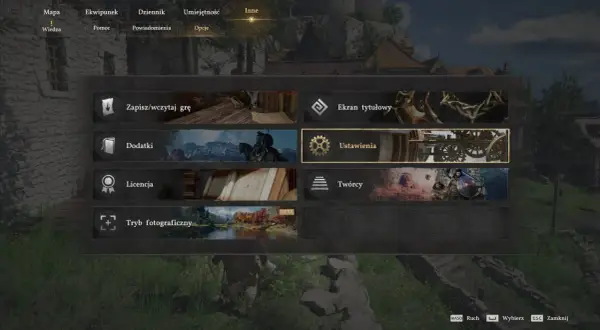 Menu gry z opcjami: Zapisz/wczytaj grę, Ustawienia, Ekran tytułowy. W tle widać efekt motion blur.