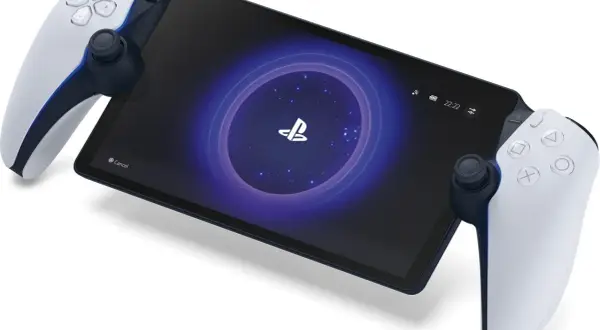 Nowe psp z kontrolerami DualSense, ekran z logo PlayStation i wskaźnikami baterii.