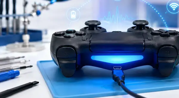 Czarny pad Xbox podłączony kablem, z ikonami Bluetooth, Wi-Fi i baterii.
