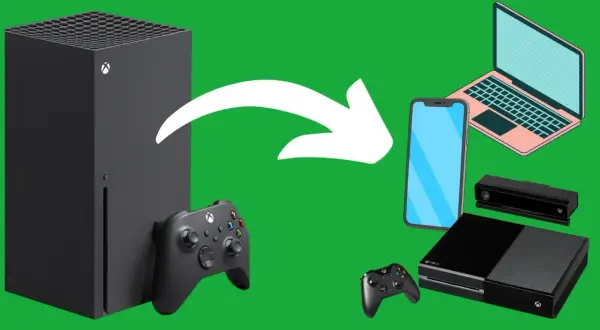 Xbox Series X obok Xbox One, kontrolerów, telefonu i laptopa. Czy gry z Xbox One działają na Xbox Series X?