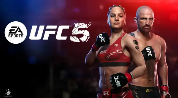 EA SPORTS UFC 5 na PC. Dwie postacie zawodników UFC, kobieta i mężczyzna, gotowi do walki.