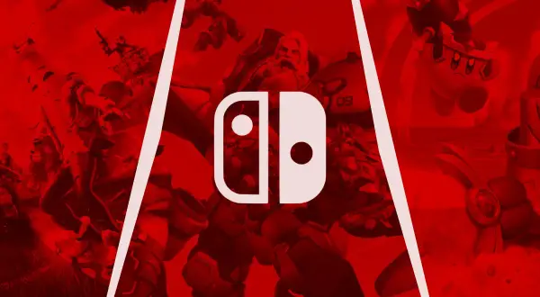 Logo Nintendo Switch na tle postaci z gier w czerwonych barwach.