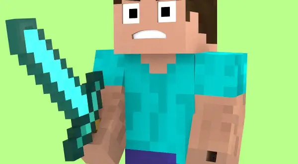 Postać z gry Minecraft trzymająca niebieski miecz na zielonym tle.