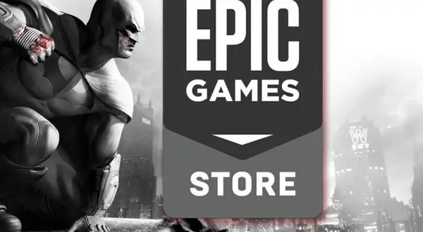 Batman na dachu, obok logo Epic Games Store. Sprawdź, jakie **epic games darmowe gry** czekają na Ciebie!