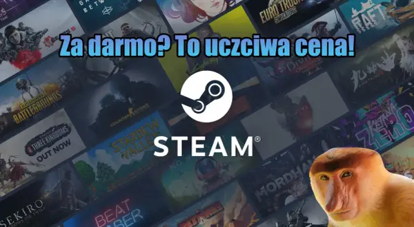 Darmowe gry na Steam to świetna okazja! Tło pełne okładek gier i logo Steam.