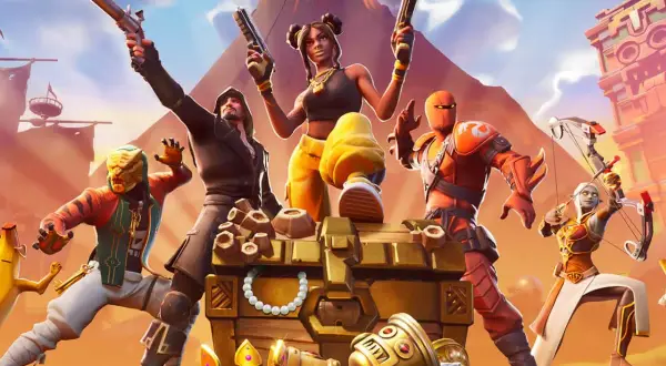Postacie z gry Fortnite wokół skrzyni ze skarbami i złotymi monetami.