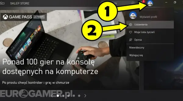 Xbox realizacja kodu: kliknij ikonę profilu (1), a następnie Ustawienia (2), aby zarządzać kontem.