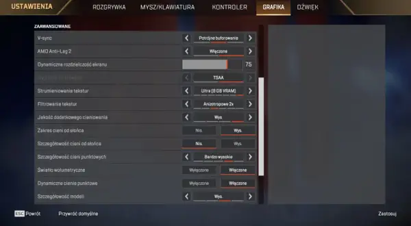 Ustawienia grafiki w Apex Legends: V-sync, AMD Anti-Lag 2, TSAA, Ultra (8 GB VRAM). Sprawdź wymagania gry.