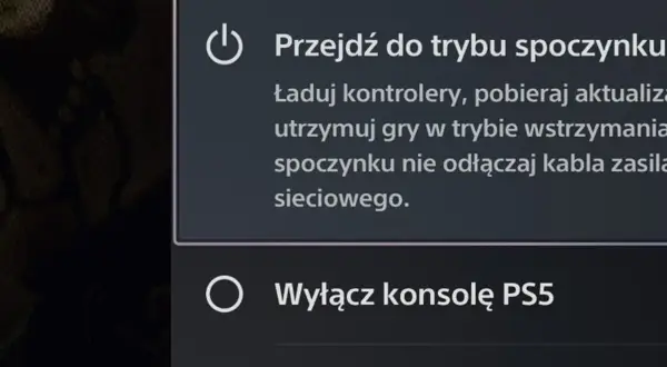 Menu zasilania konsoli PS5 z opcjami: tryb spoczynku, wyłączenie i ponowne uruchomienie.