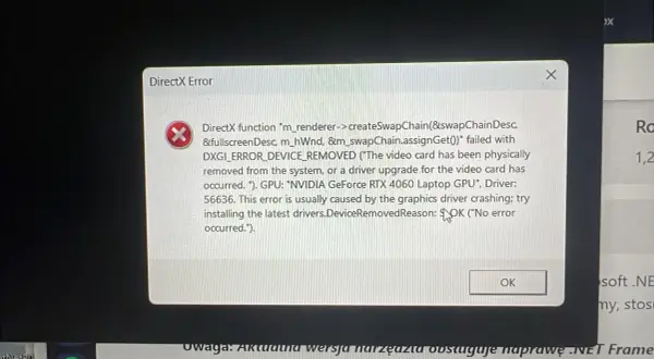 Okno błędu DirectX z komunikatem o problemie z kartą graficzną NVIDIA GeForce RTX 4060.