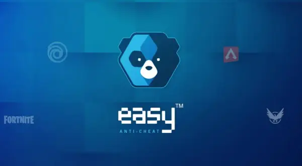 Logo Easy Anti-Cheat z ikonami gier: Fortnite, Apex Legends, Ubisoft, The Division.