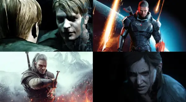 Cztery postacie z gier: James Sunderland, Commander Shepard, Geralt z Rivii i Ellie.