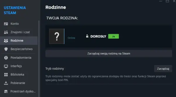 Ustawienia Steam: Rodzinne. Widok panelu zarządzania rodziną na Steam, gdzie można skonfigurować tryb rodzinny.
