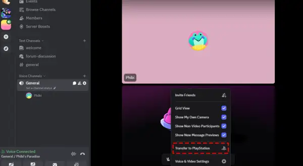 Discord na PS5: opcja "Transfer to PlayStation" widoczna w menu.