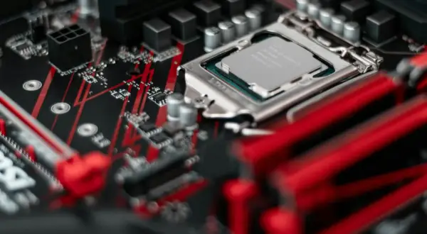Zbliżenie na procesor Intel Core i5 zamontowany na czerwono-czarnej płycie głównej.