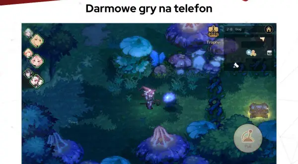 Magiczna kraina pełna grzybów, gdzie postać z różdżką zbiera przedmioty. Idealne gry do pobrania na telefon dla fanów przygód.