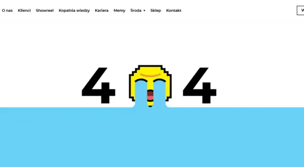 Grafika przedstawia cyfry 404 z emotikoną płaczącą ze śmiechu, na tle białym i niebieskim.