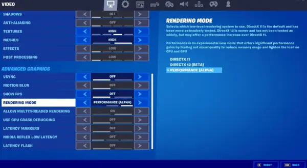 Ustawienia graficzne Fortnite na PC: tryb renderowania DirectX 12 (Beta) Performance (Alpha) dla lepszej wydajności.