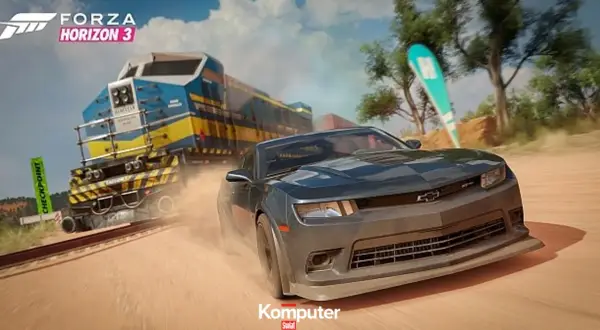 Forza Horizon 3: czarny Chevrolet Camaro ściga się z pociągiem. Sprawdź forza horizon 3 wymagania, by cieszyć się tą grafiką!