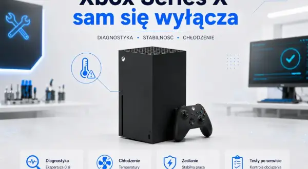 Xbox Series X z kontrolerem, ikony diagnostyki, chłodzenia i zasilania.
