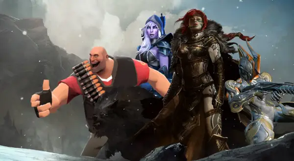 Postacie z gier, w tym Heavy z TF2, elfka i wojowniczka, na tle zimowego krajobrazu. Idealne na fajne gry na Steam!